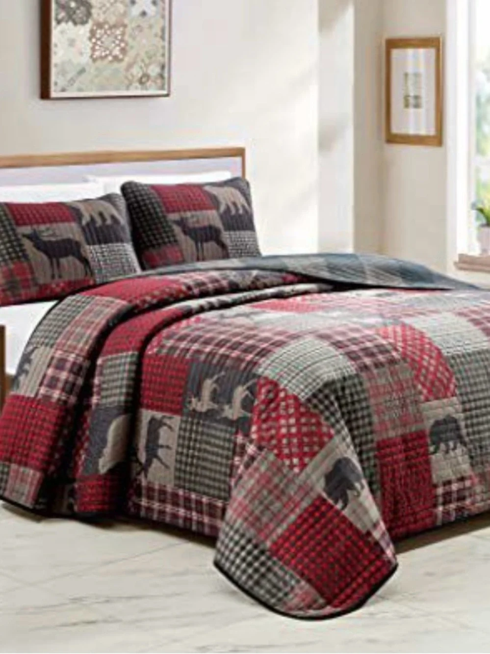 Plaid Cabin Quilted Bedspread Set in Red and Gray